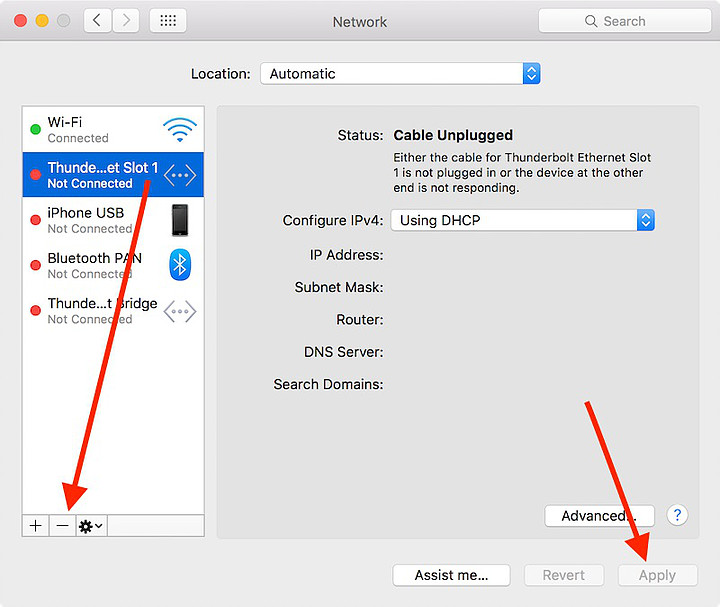Network System Preferences. Highlights "Thunderbolt Ethernet Slot X", "Delete the selected service" and the "Apply" button.