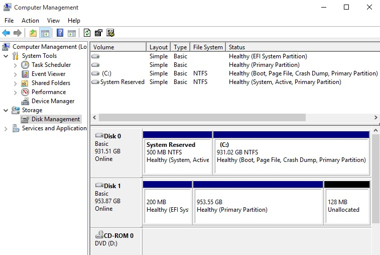 An image of 2 drives in the Disk Management tool with 200MB reserved for EFI on one disk.