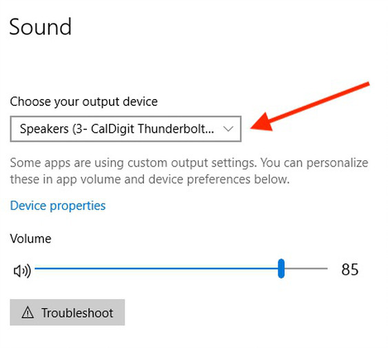 Showing CalDigit Thunderbolt sound output device as detailed above.