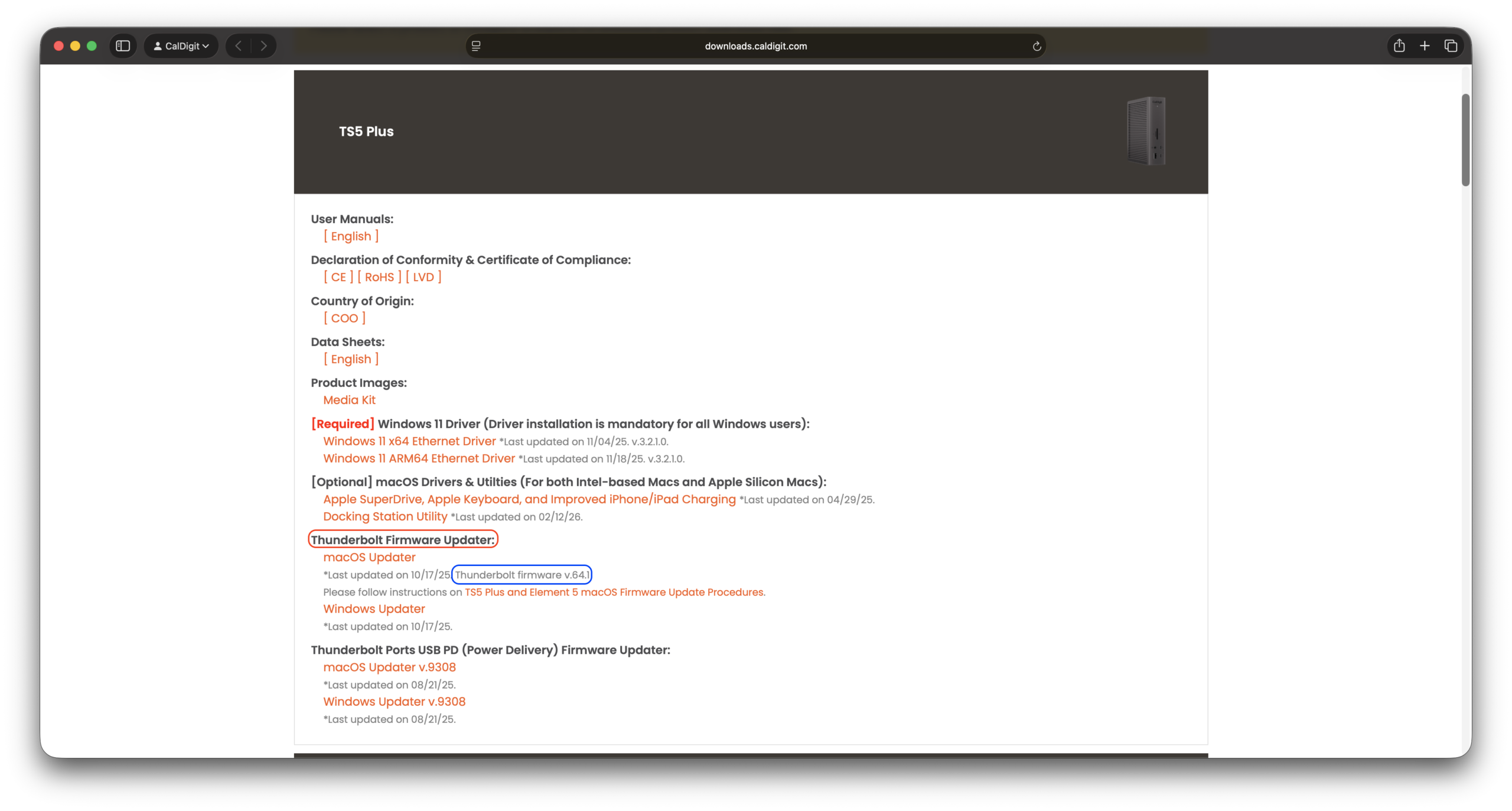 Screenshot of the CalDigit Downloads page with the Thunderbolt Firmware Updater header circled in Red and the latest version of the firmware circled in Blue.
