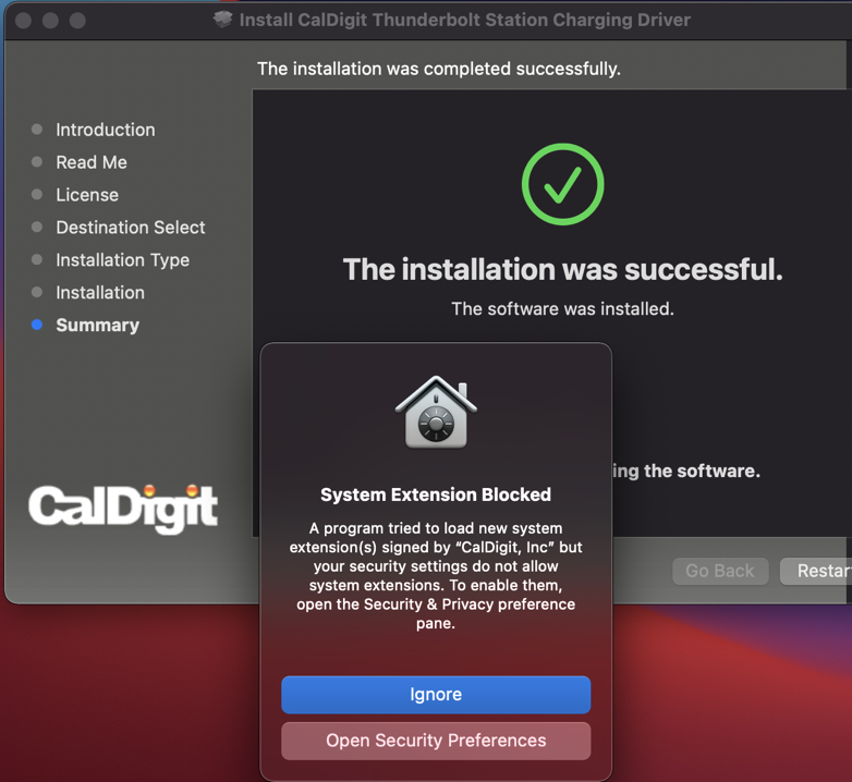 This image shows the "System Extension Blocked" pop-up and the option to Open Security Preferences mentioned in 3.2.