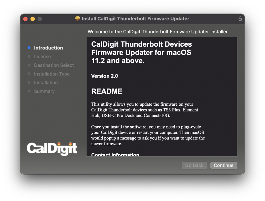 An example of the Thunderbolt Firmware updater as mentioned in steps 1 and 2.