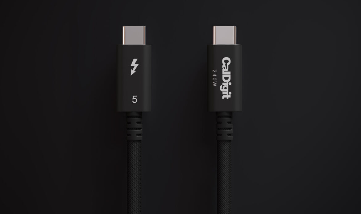 Two Thunderbolt 5 Pro Cables on a black gradient background. One cable shows one side of the cable, the other cable shows the alternative side of the cable.