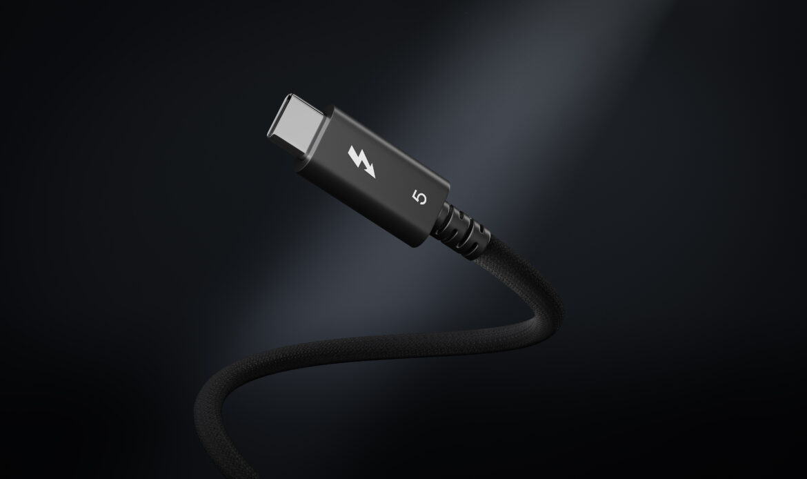 The Thunderbolt 5 Pro Cable with the cable slightly coiled on a black gradient background.