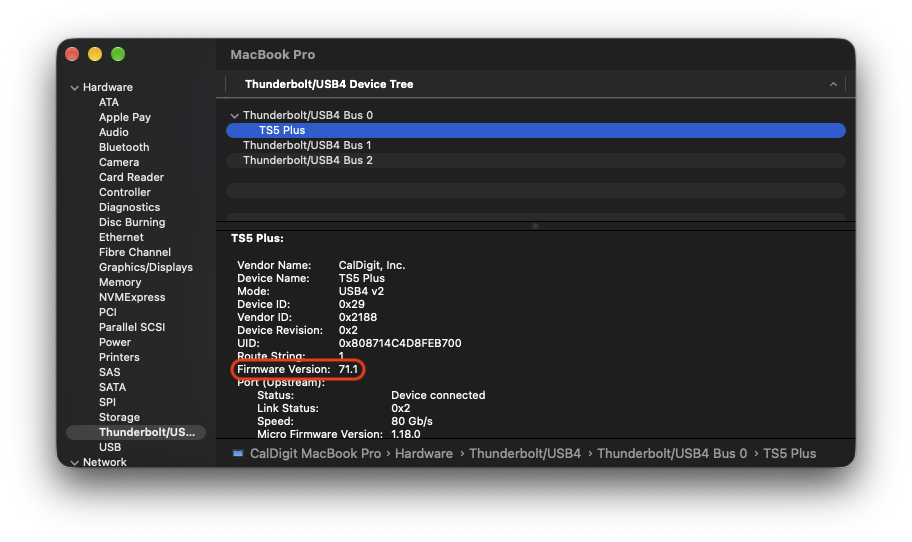 macOS System Information application showing the Thunderbolt/USB4 device tree with TS5 Plus selected, and the firmware version (71.1) highlighted in the details pane.