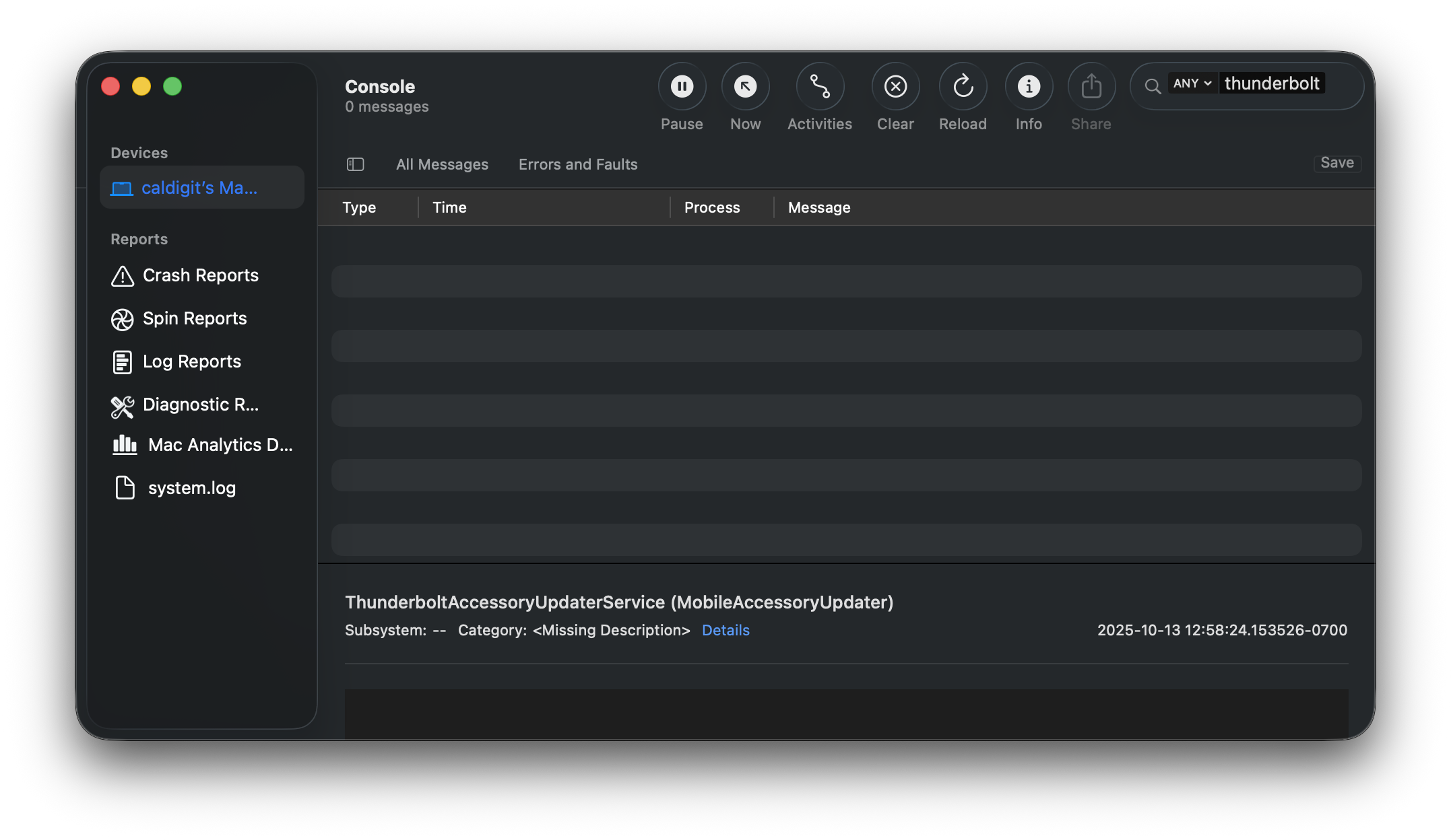 Image of the macOS Console window with the word "thunderbolt" typed in search bar