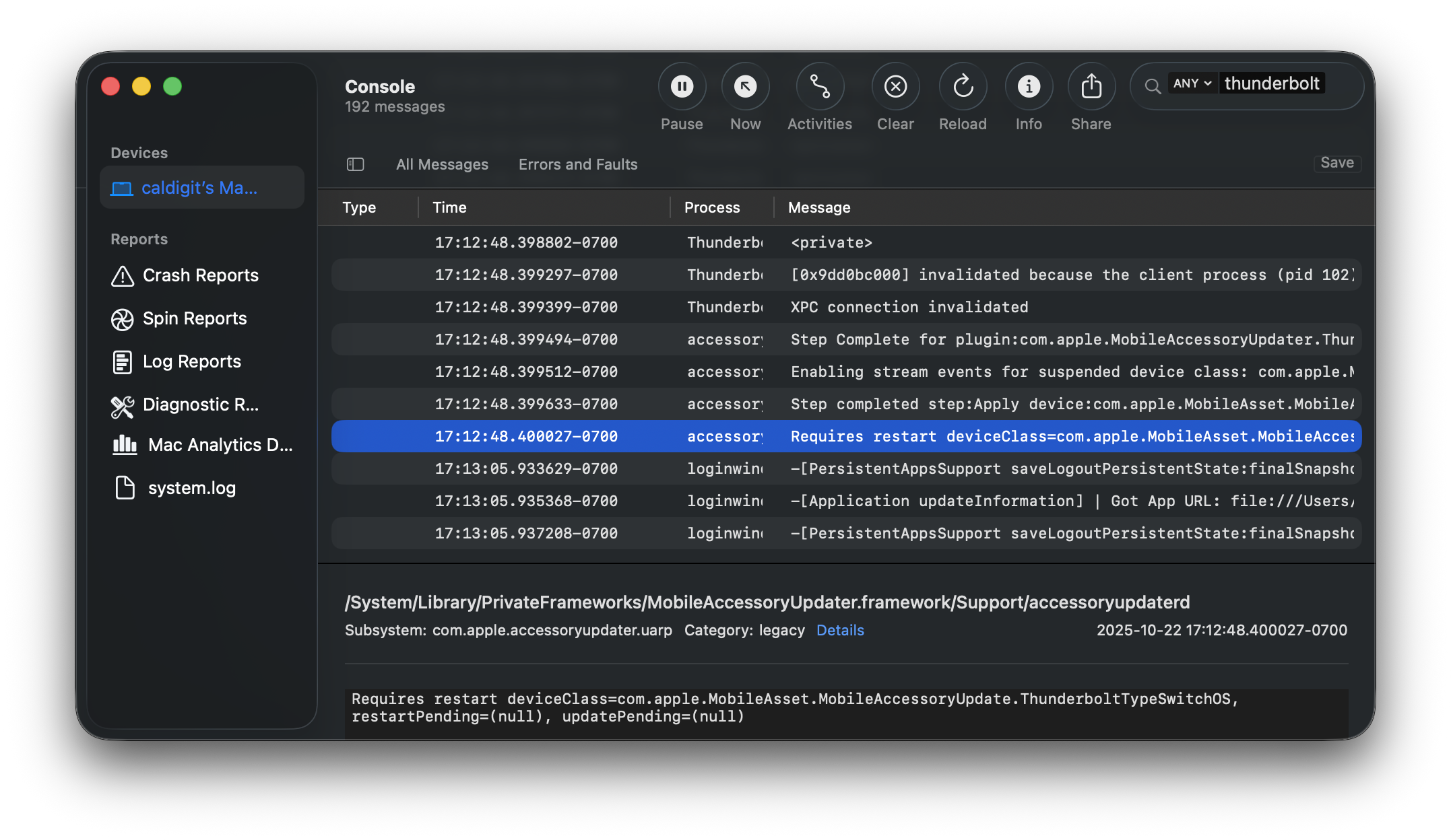 Image of the macOS Console window showing the Thunderbolt process that says "Requires restart"
