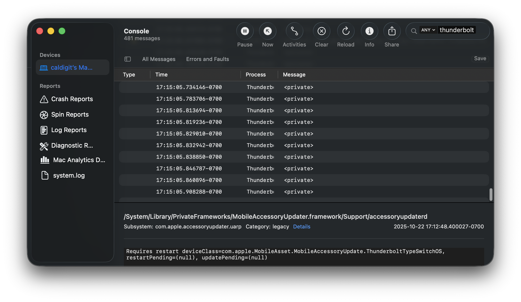 Image of the macOS Console window showing the Thunderbolt processes that are occurring