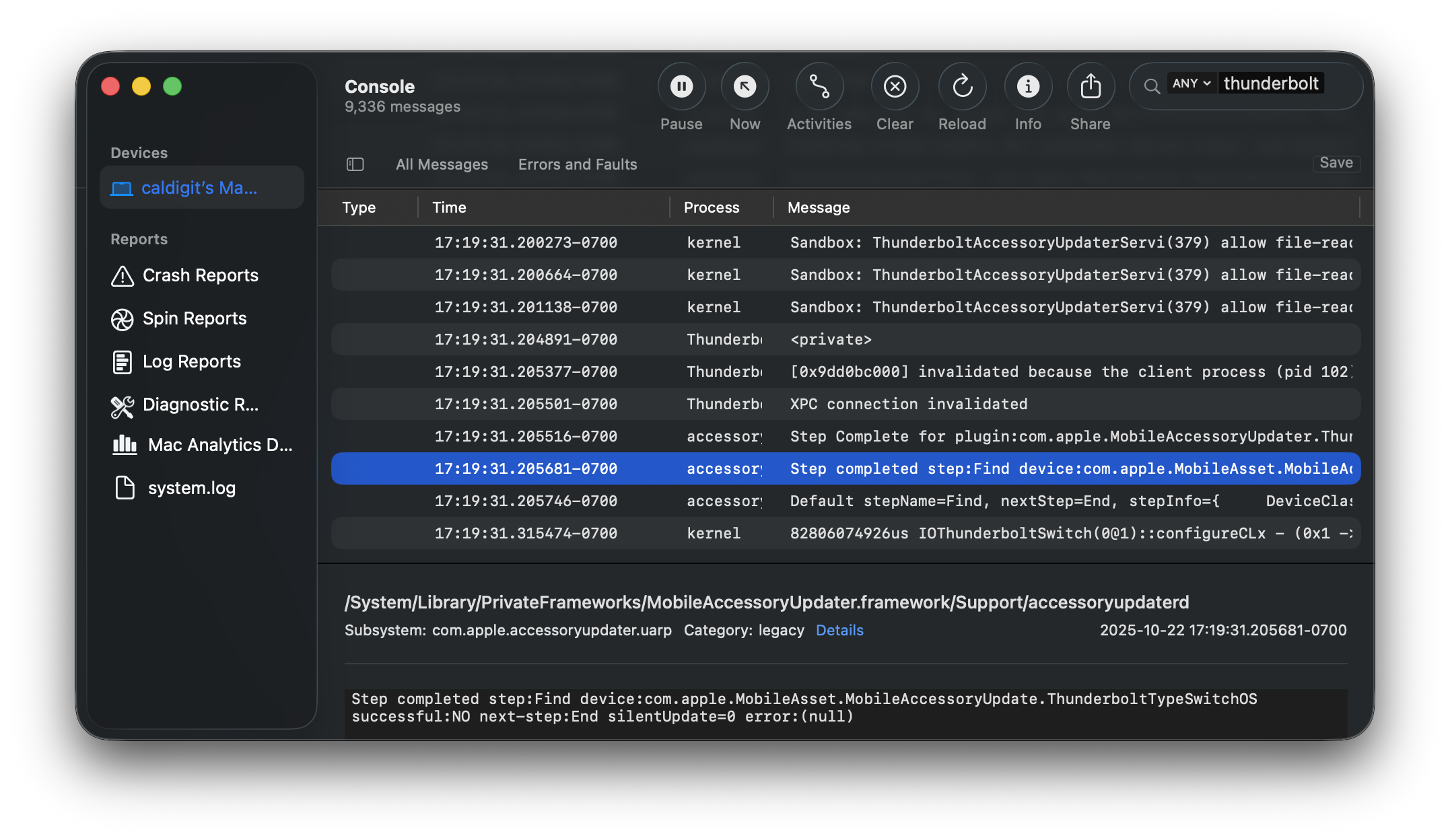 Image of the macOS Console window showing the Thunderbolt process that says "Step completed"