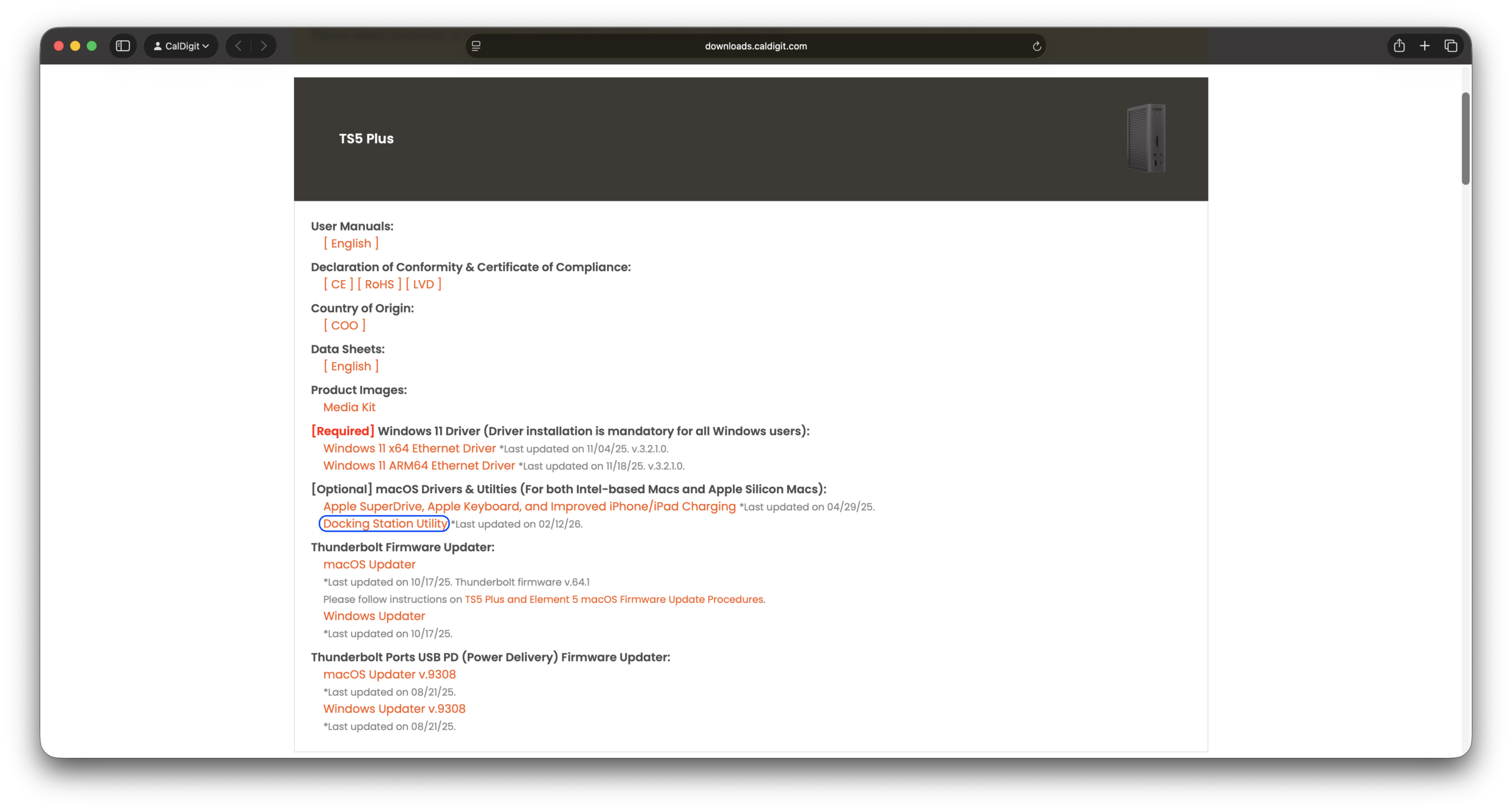 A screenshot of the CalDigit Downloads page with the TS5 Plus product clicked on. The Docking Station Utility is circled in red