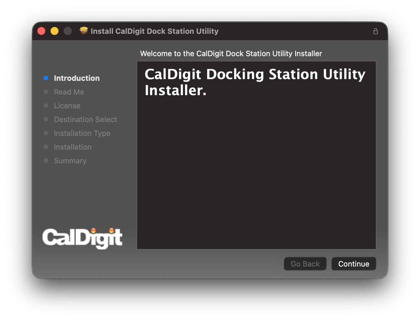 The first window after launching the CalDigit Docking Station Utility package file.