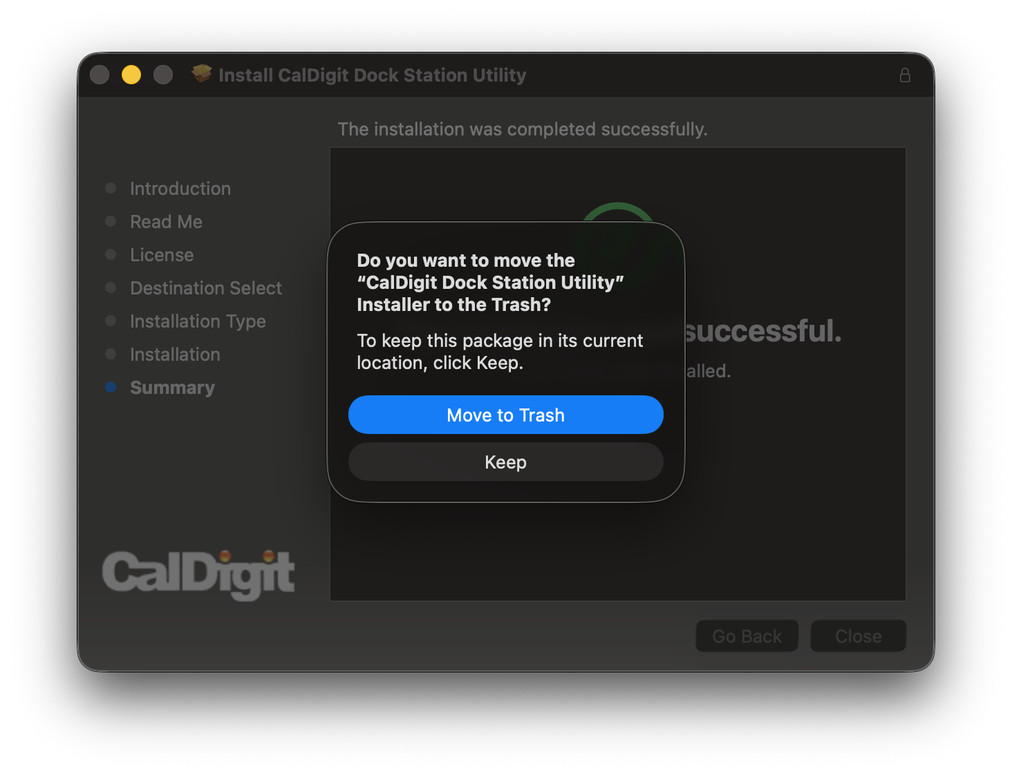Screenshot of the last window in the installer displays the prompt to move the Installer to the trash.