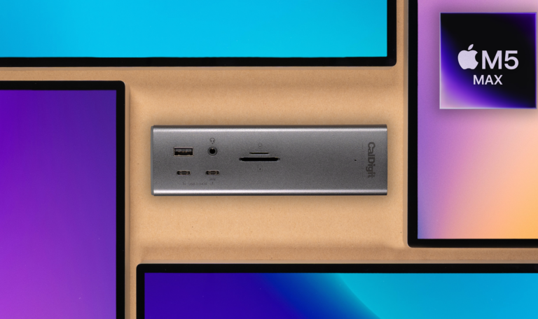 The TS5 Plus shown between 4 monitors along with the M5 Max logo.