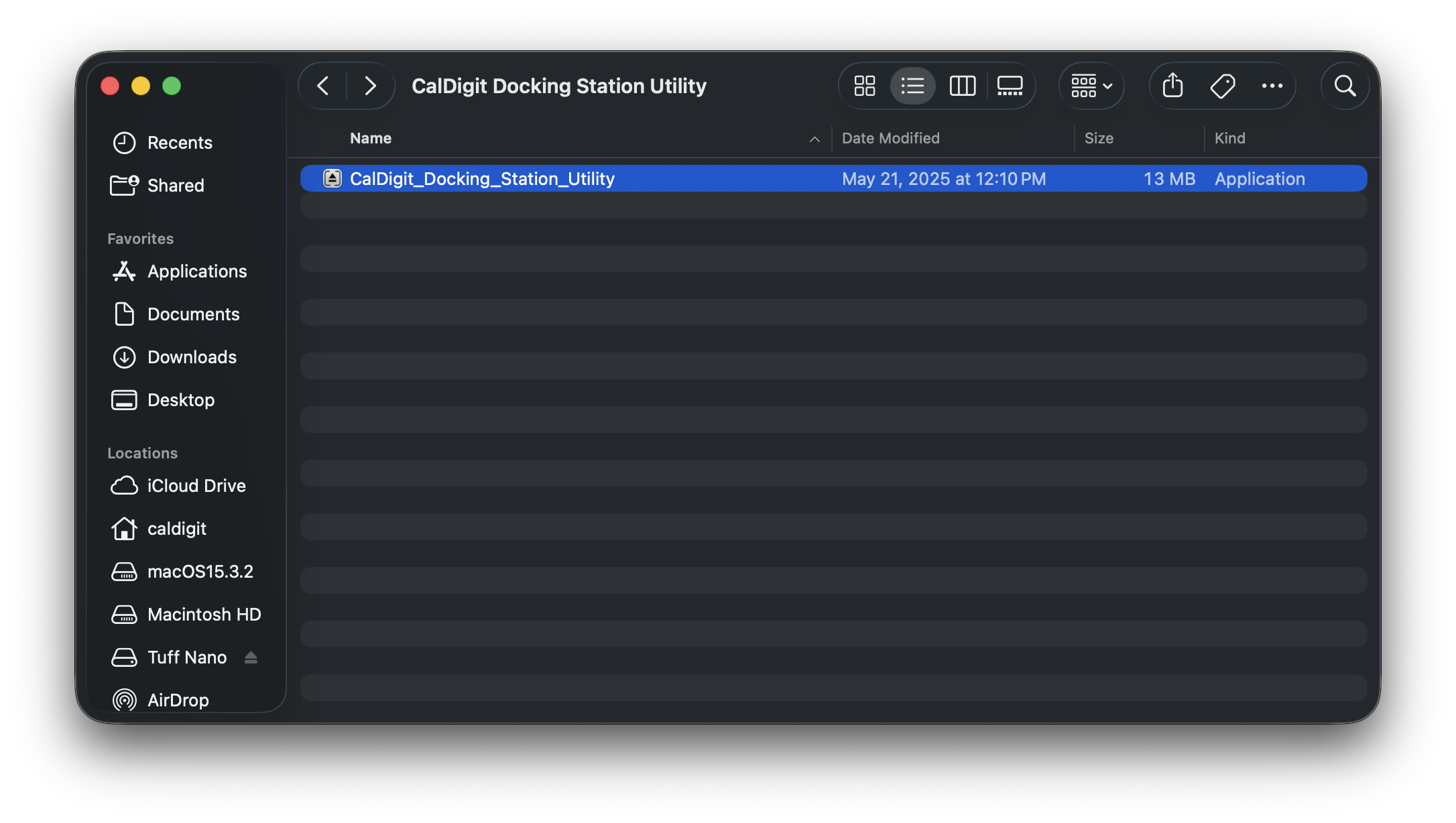 Screenshot of a Finder window with the CalDigit Docking Station utility Folder open and the CalDigit_Docking_Station_Utility application selected.