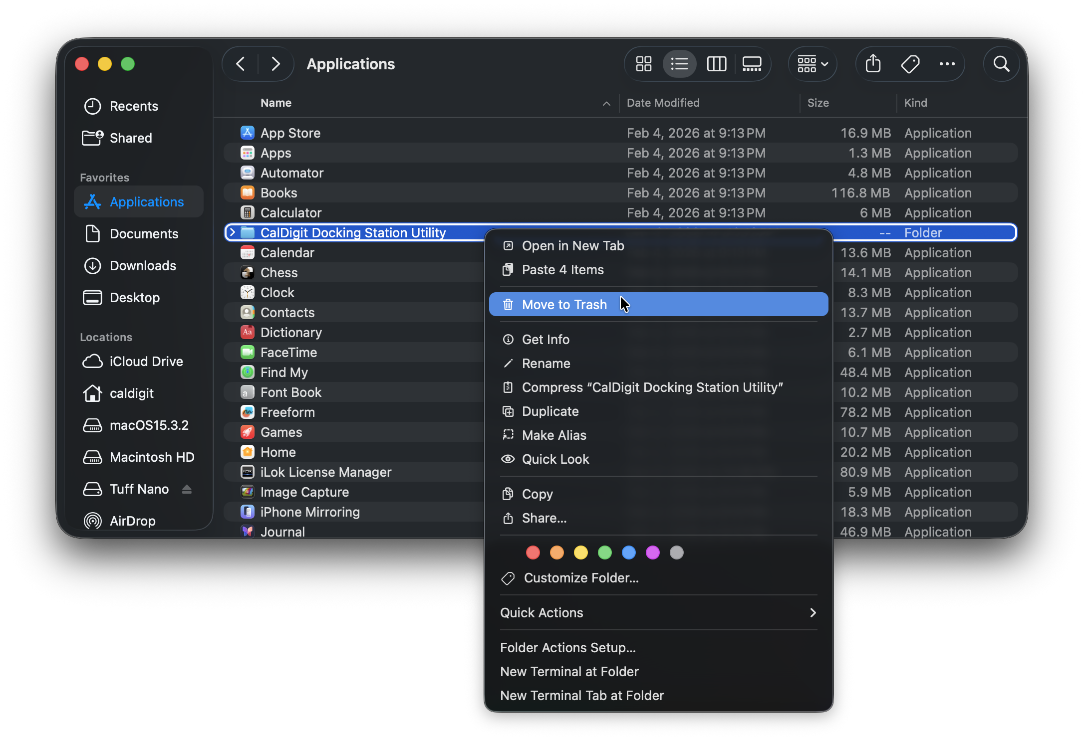 Screenshot of the Finder Application and the Applications Folder open. The CalDigit Docking Station utility is selected. The screenshot shows it being right clicked, and Move to Trash option highlighted.