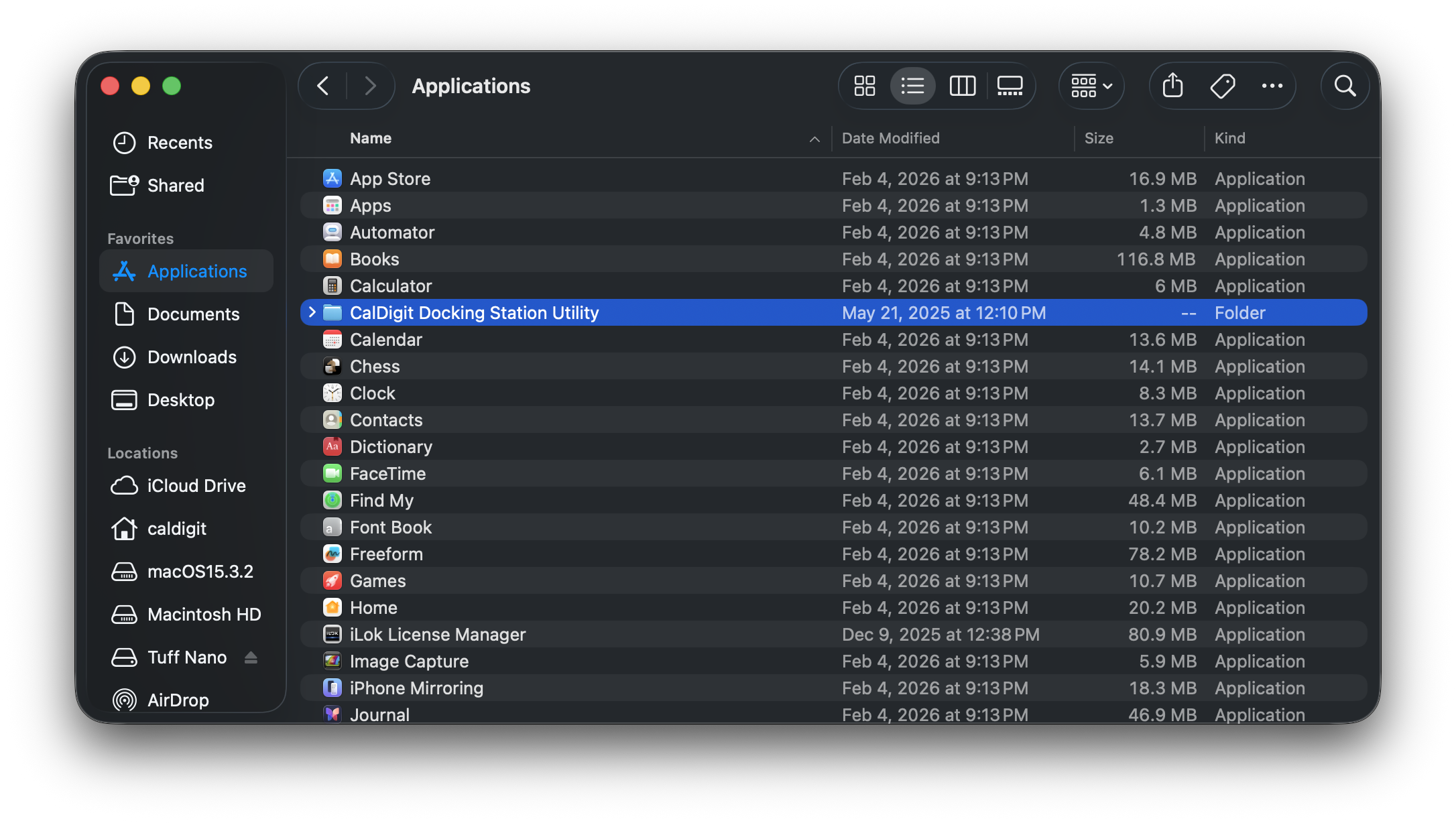 Screenshot of Finder window with the Application folder open and the CalDigit Docking Station utility folder selected.