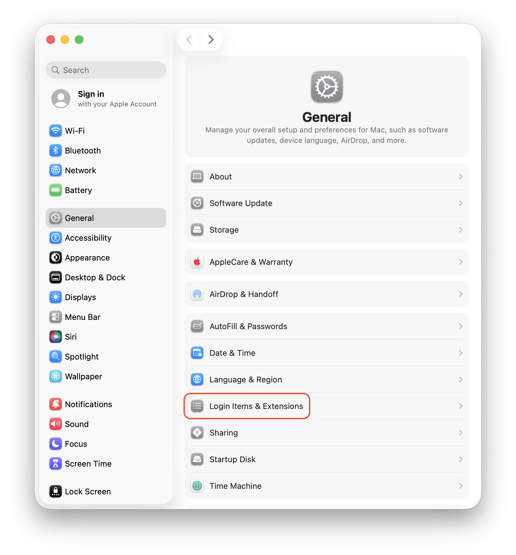 The System Settings application is open on macOS, with General selected on the left column and Login Items & Extensions circled.