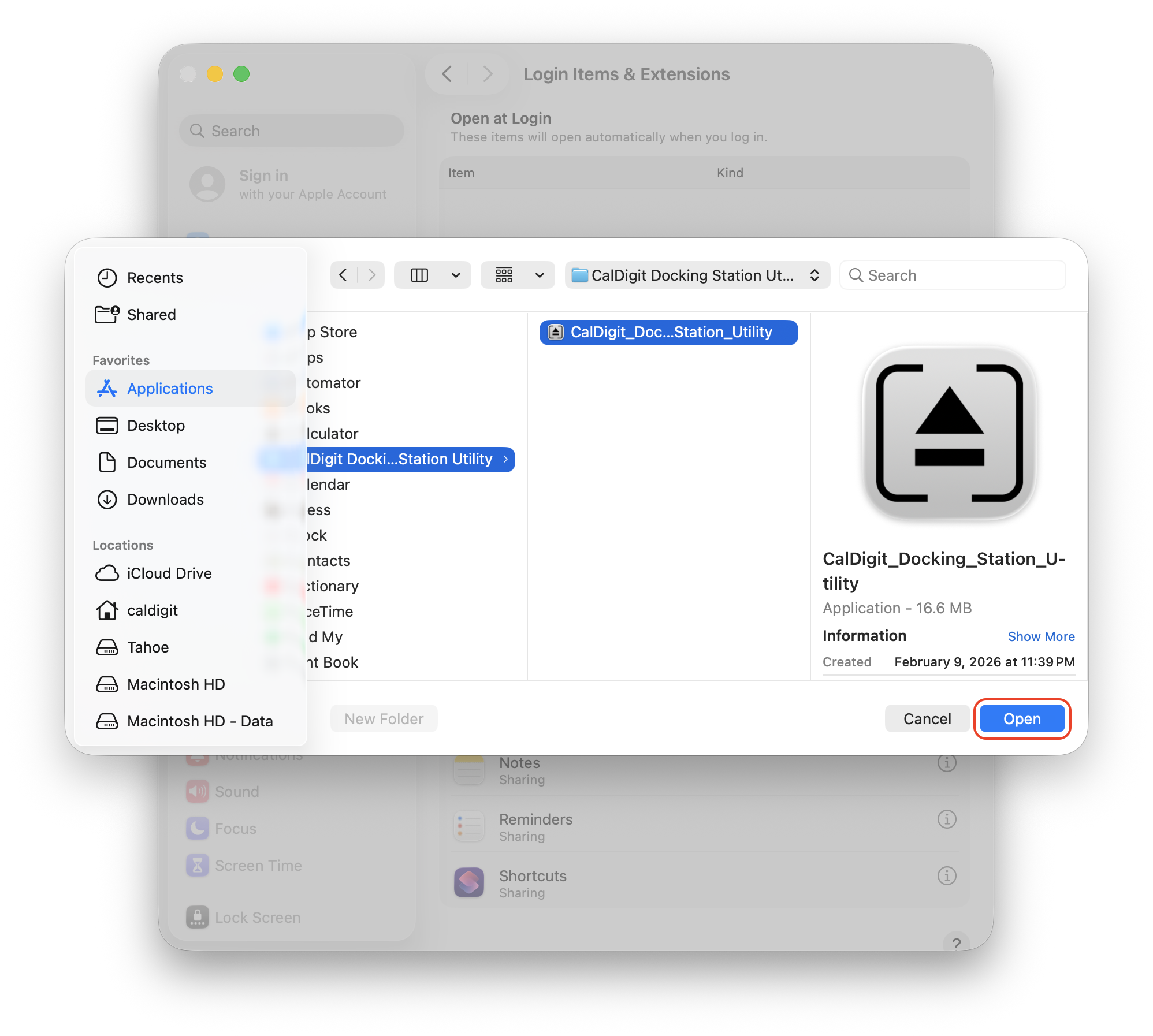 The CalDigit Docking Station Utility is selected from the Applications folder after clicking the + sign from the previous screenshot.