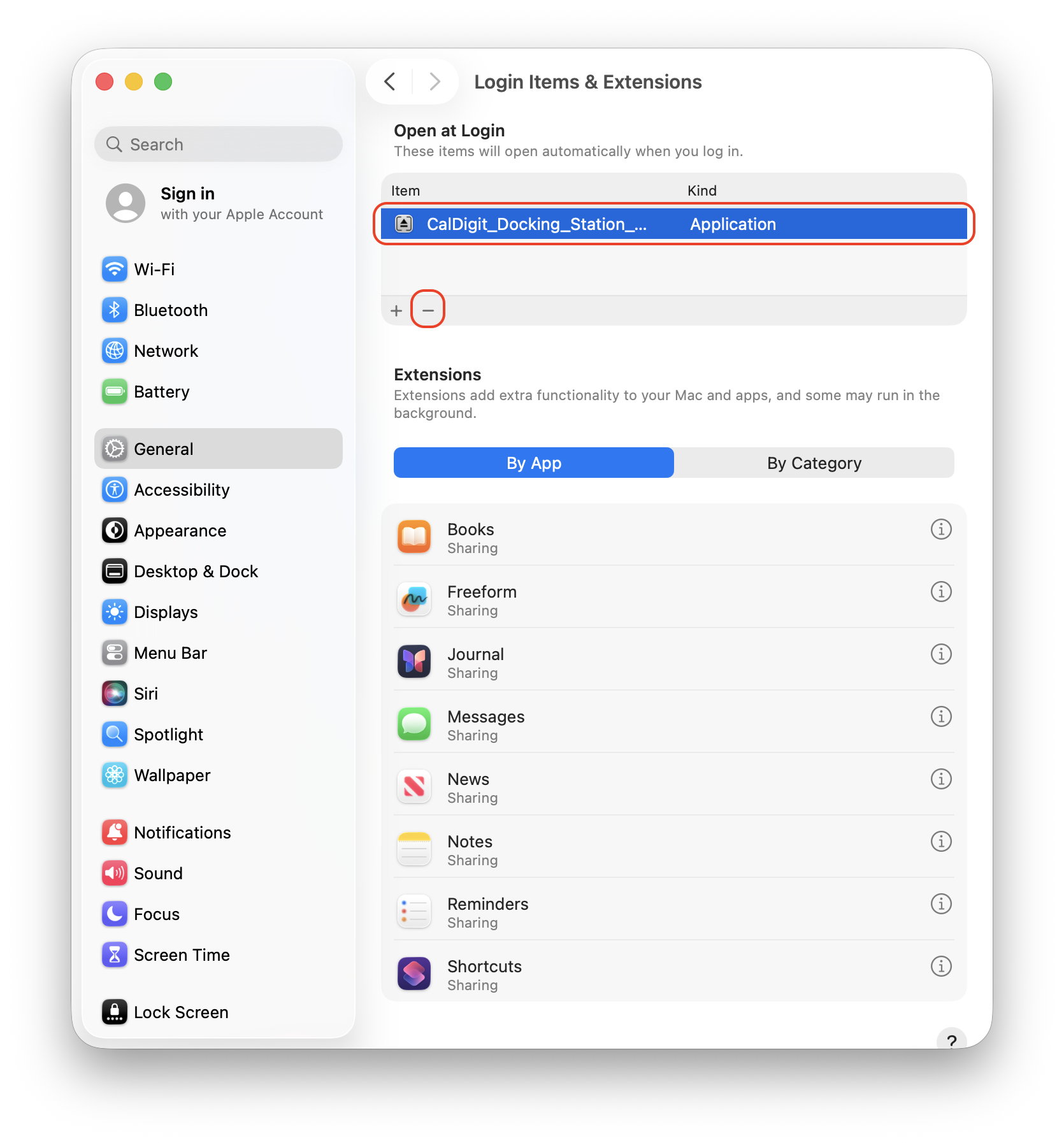 The - icon is circled after selecting Login Items & Extensions from General