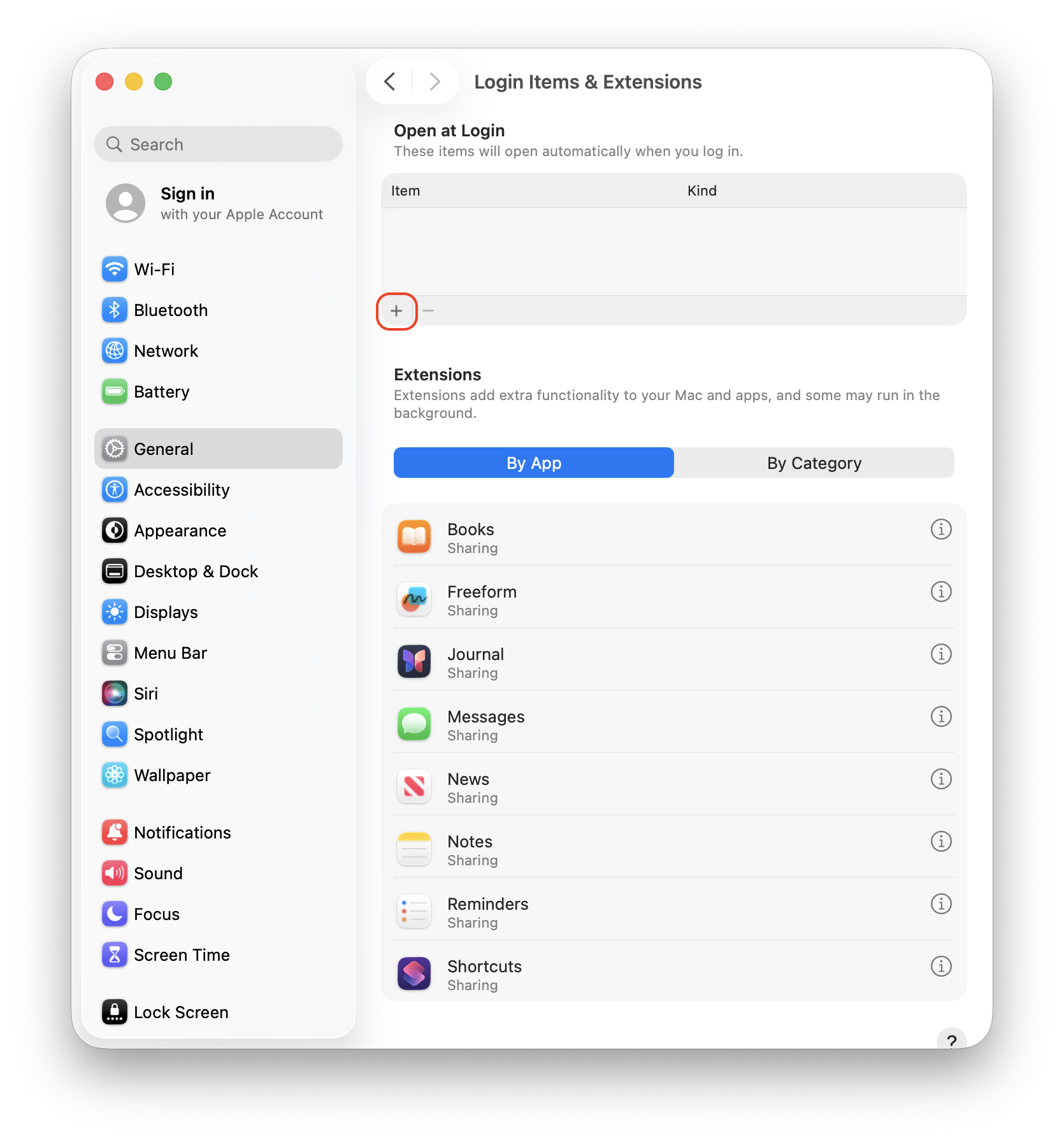 The + icon is circled after selecting Login Items & Extensions from General