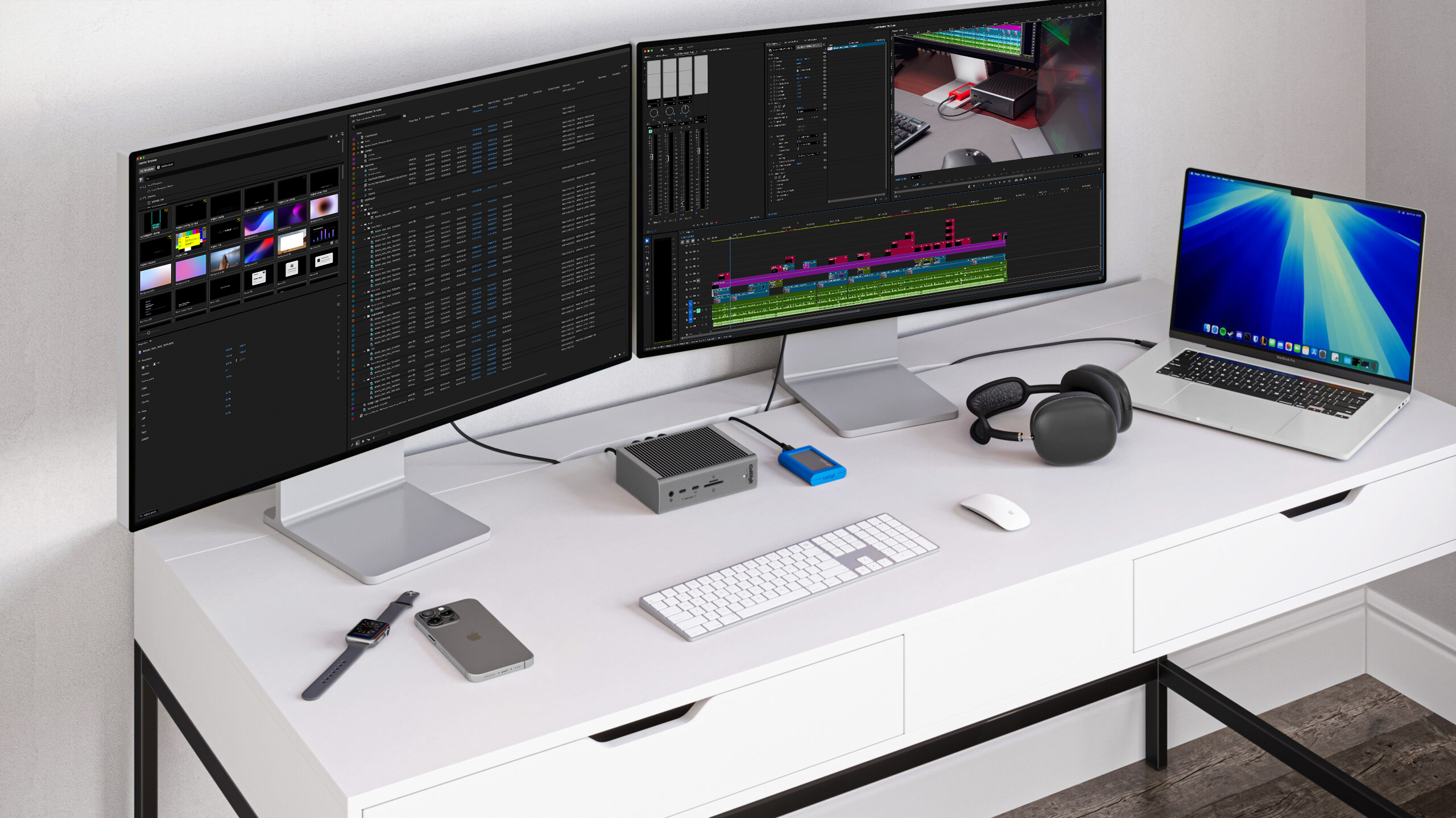 An image of the CalDigit TS5 on a white desk connected to a MacBook Pro and dual displays.