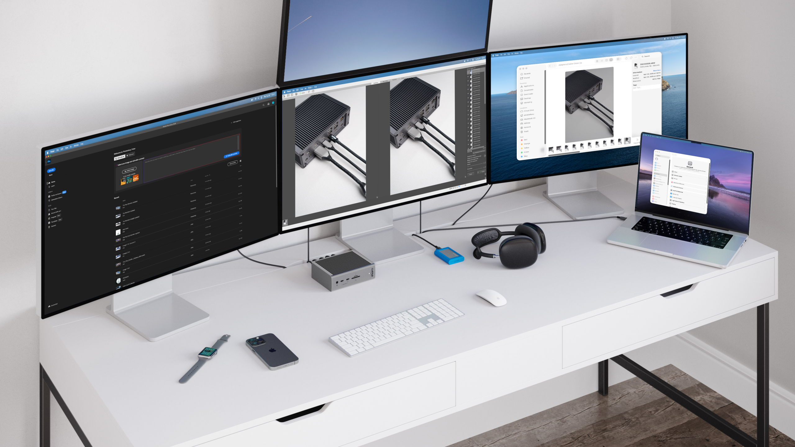 An image of a desk with the CalDigit TS5 connected to a MacBook Pro and 4 displays.